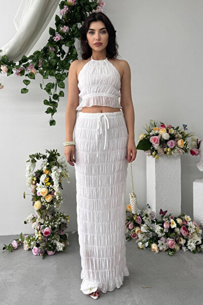 Moda Days Set de damă cu spatele gol, plisat, din două piese, cu bluză crop c...