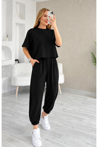 moda paketi Σετ Modal Δύο Τεμαχίων Γυναικείο Oversize Crop Top και Φαρδύ Παντ...