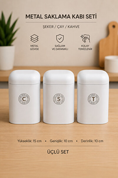Karçiçeği Home Metal Storage Container Set of 3 – White - Tea Coffee Sugar St...