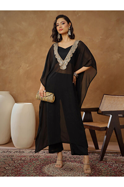 Sassafras By Styli Black Embroidered Kaftan, Cami and Straight Pants Set