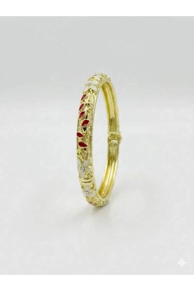 Marsilyan Ieg - Flora Shine Red Floral Patterned Enamel Embellished Cuff Brac...