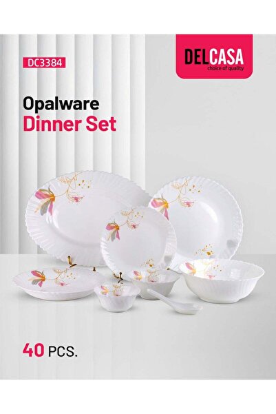 DELCASA DC3384 Opalware Dinner 40-Pieces Set, White/Pink