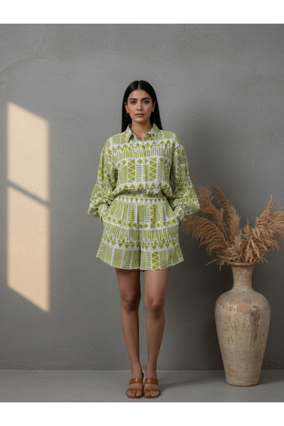 Sanskrutihomes By Styli Green Geometric Print Shirt and Shorts Co-ord Set