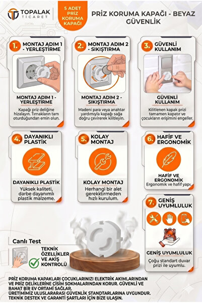 TOPALAKTİCARET 5 Adet Priz Koruma Kapağı - Çocuk Güvenlik Kilidi - Kolay Montaj - Beyaz