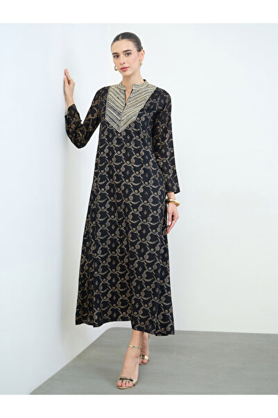 Amirah By Styli Black Embroidered Yoke Printed Jalabiya