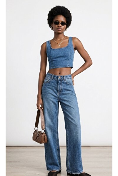 BeHill Mavi Orta Bel Bol Kesim Wide Leg Cepli Kadın Denim Pantolon