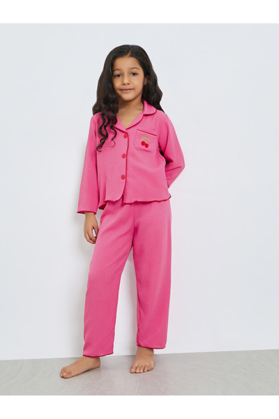 Take Two By Styli Girls Textured Long Sleeve Shirt and Pyjama Set