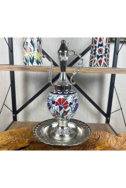 Çini Evi Silver Plated Iznik Tile Pitcher Set with Red Carnation Motif
