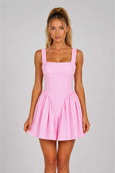 OEM Short dress, print, square neckline, zipper closure, bow at the back