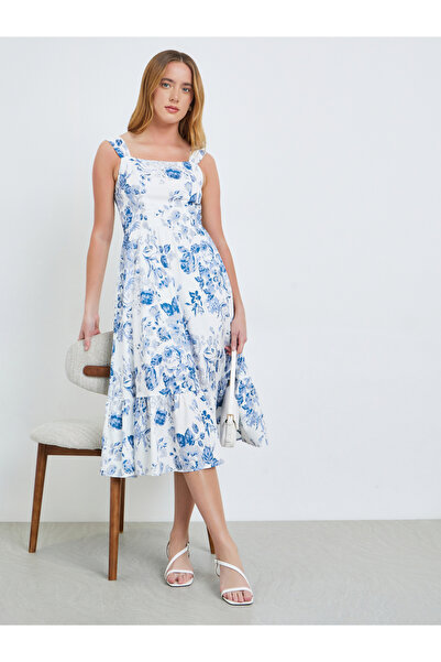 Take Two By Styli Blue Floral Square Neck Cami Midi Dress