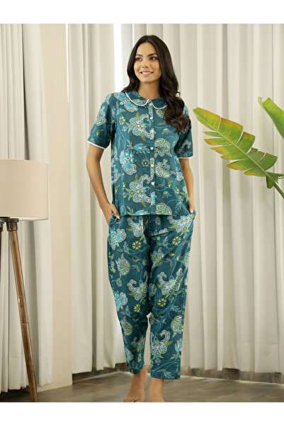 Sanskrutihomes By Styli Green Floral Cotton Shirt and Pyjama Set