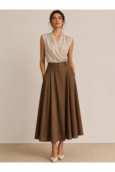 RİVUS Midi Length Skirt with Front Patchwork Zipper and Draped Waistband - Brown