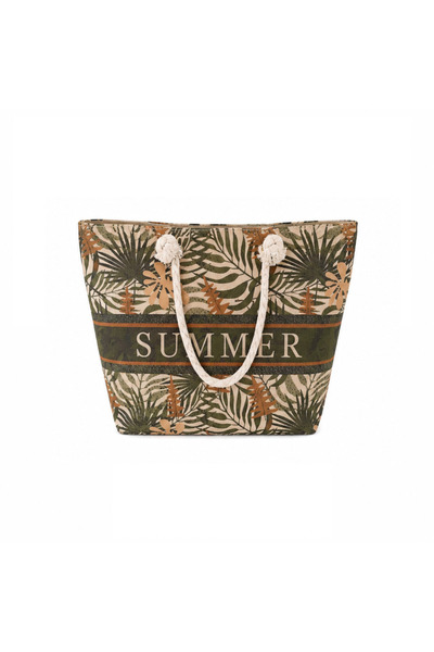 Bsr Beach bag, zipper closure, leaf pattern, canvas, black+white, 45x40 cm