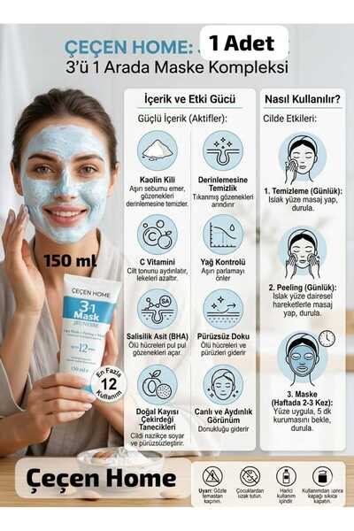 ÇEÇEN HOME (1 Piece) 3-in-1 Mask 150 ml - Salicylic Acid Face Wash Gel & Peel...