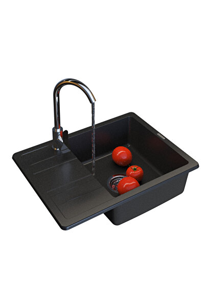 Granitan Set Chiuveta Granit PAROS Negru Metalizat, 58x44 cm, cu baterie Pres...