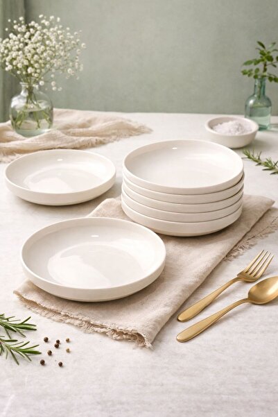 evinbizden Modern Porcelain 4-Person Dinner Plate Set Off-White 18 cm Porcela...