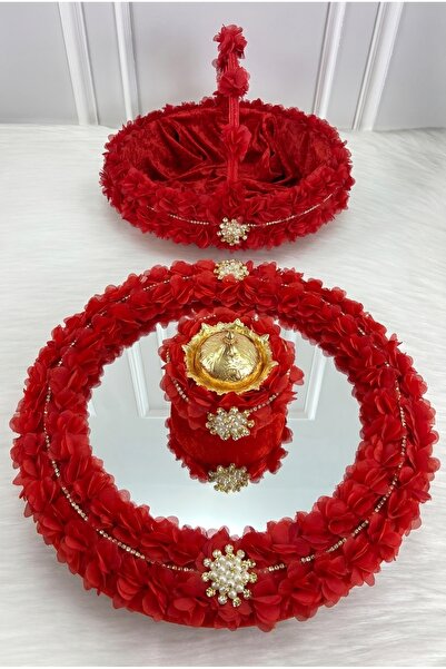 ZEYMERADE Red Henna Night Tray Basket Bridal Set, Brooched Floral Mirrored Ve...