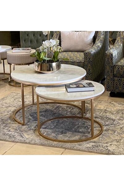 TELAL AL SHIFA Set of two tables, wooden top, marble look, gold color