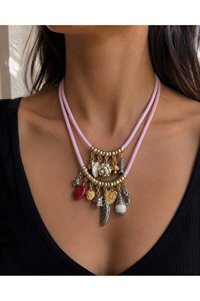 ANKA JEWELLRY Bohemian Charm Detailed Pink Corded Multi-Layered Women's Necklace