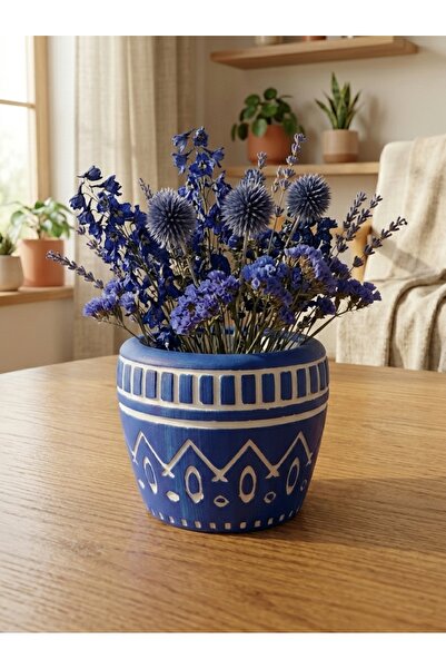 mora store Dekoratif Beton Saksı Mavi Bohem İskandinav Desenli 14,5x12 cm | M...