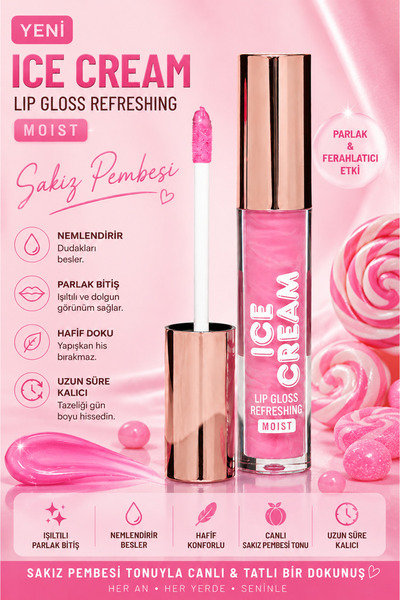 SETBEAUTY SAKIZ PEMBESİ SİMLİ RENKLİ DUDAK PARLATICI RUJ – ICE CREAM LİP GLOSS