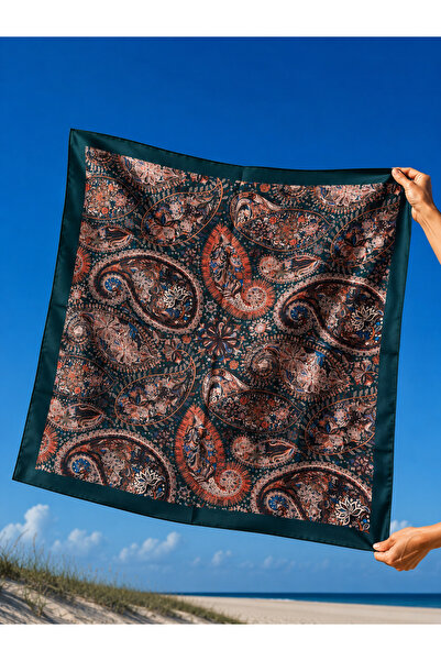 MOORİ Petrol Yeşili Şal Desenli İpeksi Saten Fular 70x70 cm – Etnik Paisley D...