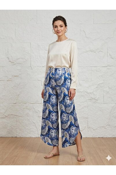 520CK Women's Blue Shawl Patterned Viscose Trousers with Side Slits - Bohemia...
