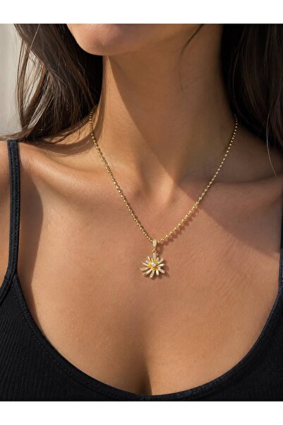 ANKA JEWELLRY ÇELİK KADIN KOLYE ALTIN RENK PAPATYA ÇİÇEK UÇLU İNCİ VE ZİRKON ...