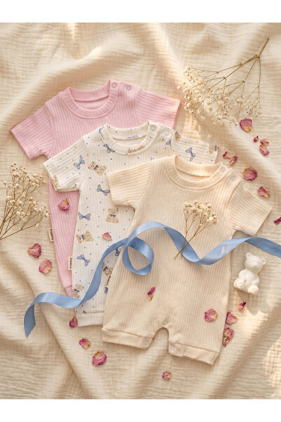 Noone Bebek 3'lü Kısa Tulum Set | Kız Bebek (Pembe+Krem+Ayıcık)
