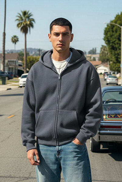 Runades 3 Iplık Erkek Fermuarlı Kapşonlu Sweatshirt Hırka