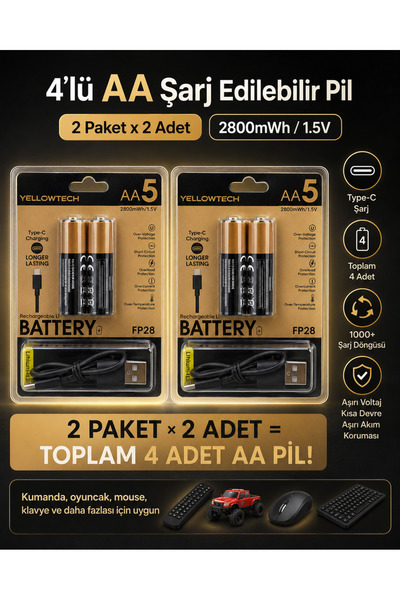 Yellowtech 4’lü AA Kalın Tip Kalem Pil Şarj Edilebilir 2800mWh 1.5V Type-C Şa...