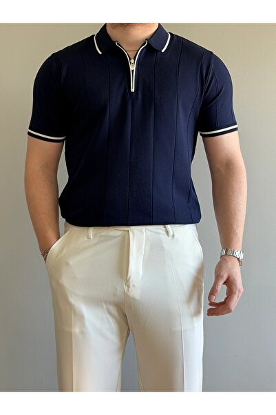 Erkek Lacivert Fermuarlı Polo Yaka Triko Tişört Regular Fit Old Money Stil