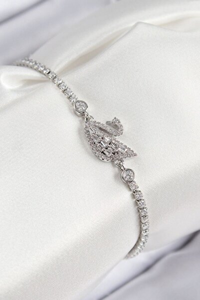 norsary Brass Zircon Stone Swan Model Silver Color Women's Bracelet