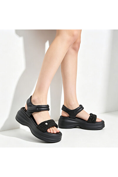 Tmall Sandale de damă, cu platformă, din piele, SA130, negre