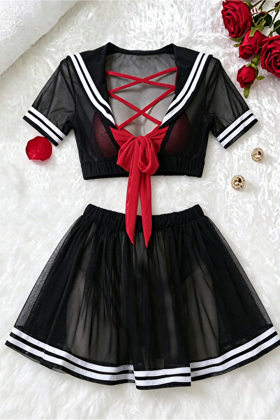 Generic Women Sailor Style 2 Piece Costume Set, Sheer Mesh Crop Top + Pleated...