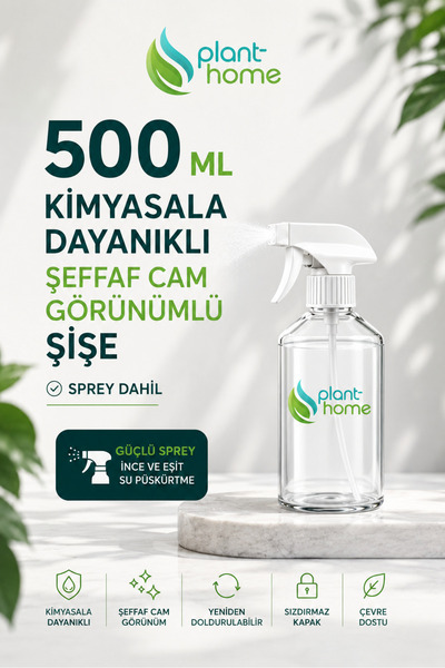 plant-home 00 ML Sprey Şişe - Kimyasala Dayanıklı Şeffaf Cam Görünümlü Boş Sp...