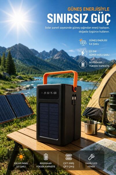 kawigo 80000 mAh Solar Powerbank Güneş Enerjili Powerbank 22.5W Hızlı Şarj LE...