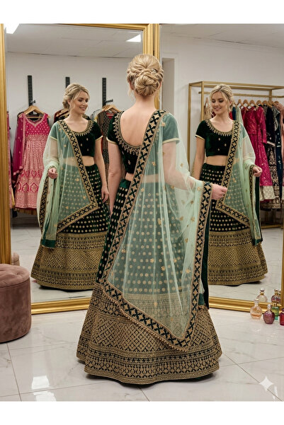 Aashiv's Collection فستان زفاف هندي من نوع ليهينغا تشولي مطرز باللون الأخضر