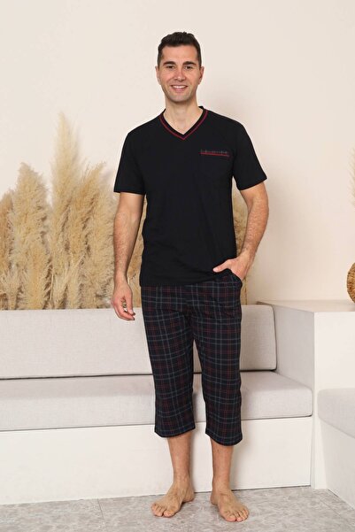ALİMER Men's Pajama Set - Black Checkered V-Neck Bermuda Combed Cotton 1225B