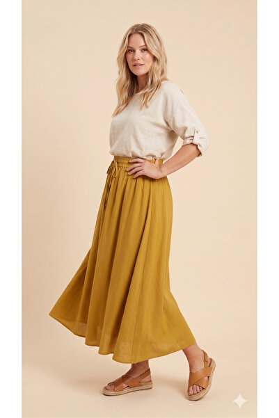 Sibel Günay Butik Fusta evazată lejeră de 95 cm, din țesătură Tencel, galben ...