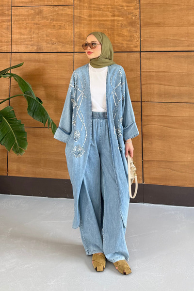 Miss Allos Women's Sequin Embroidered Bat Sleeve Denim Set
