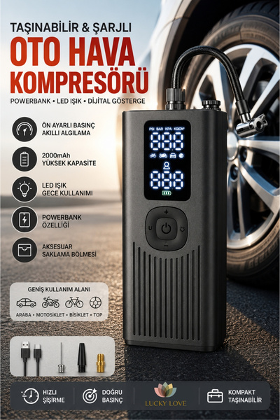Lucky Love Taşınabilir Oto Hava Kompresörü Şarjlı, Powerbankli, Göstergeli, A...
