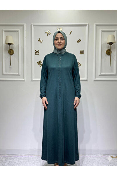 ModaMinar Kadın Yeni Sezon Kolları Lastikli Taş Detaylı Penye Anne Elbisesi