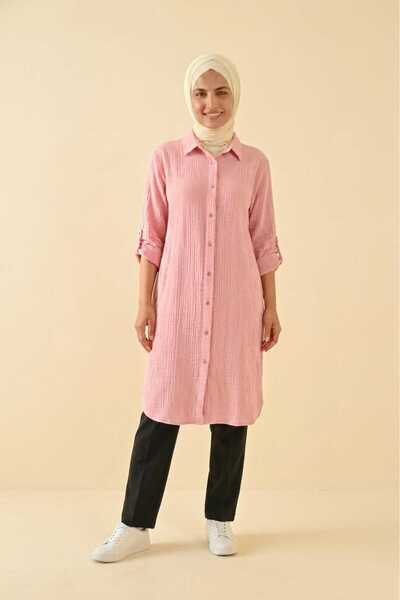 PORİENTO Light Pink Women's 100% Cotton Muslin Fabric Long Sleeve Hijab Shirt...