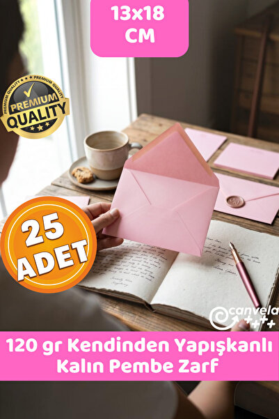 CANVELA 120 Gr. Kalın Premium Yapışkanlı Pembe Zarf 13x18 cm Mektup Kartposta...