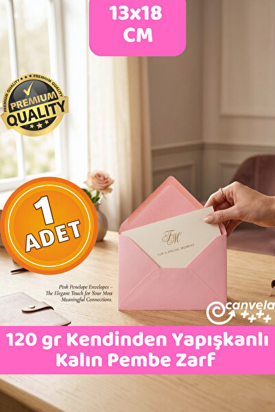 CANVELA 120 Gr. Kalın Premium Yapışkanlı Pembe Zarf 13x18 cm Mektup Kartposta...