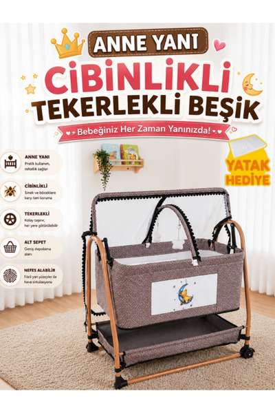 modabebekler Tekerlekli Beşik Portatif Anne Yanı Bebek Beşiği, Tam Kapanan Te...