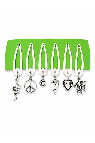 DEEFWEAR Set of 6 Charm Detailed Metal Snap Clips Silver Color Y2K Hair Acces...