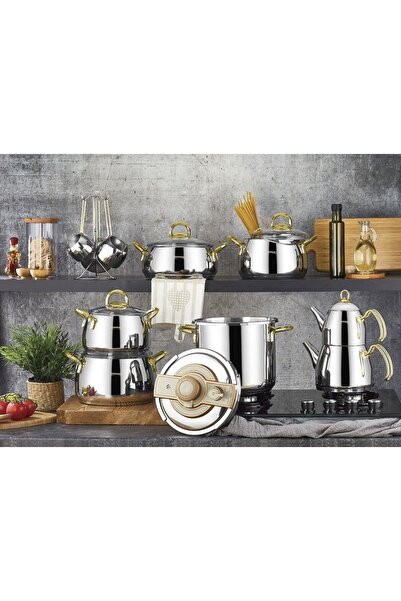diğer588 Kahrahmanlar Steel Dowry Set 18 Piece Cookware Set with Gold Handles