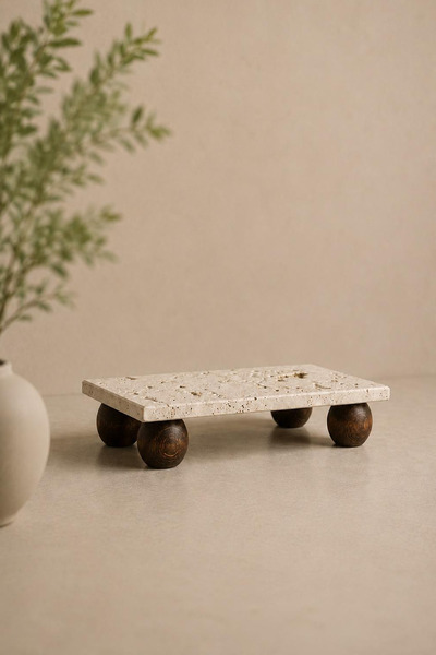 NESS HOME Rectangular Acacia Top Pedestal Travertine Presentation Plate 12X24 cm